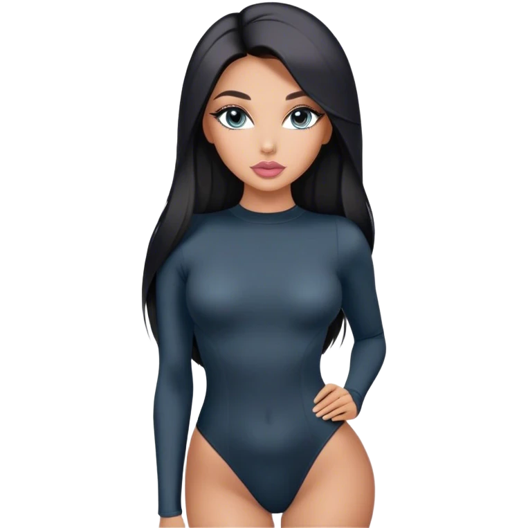 Glamours, tanned, very beautiful girl, with big pump peach-beige-rose lips, long long lashes, black straight smooth silky long hair, straight parting hair, blue-grey eyes in black long-sleeves bodysuit emoji
