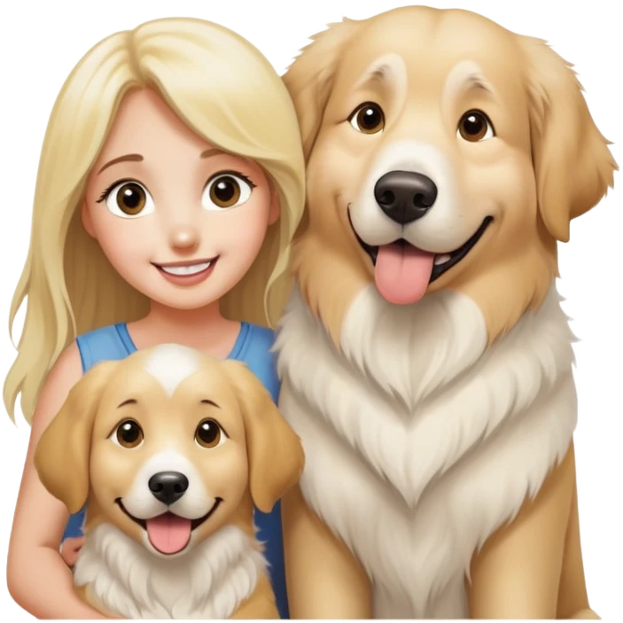 A very large goofy looking great Pyrenees dog with his golden retriever, brother, and a very pretty blonde girl, smiling very big with large eyes emoji
