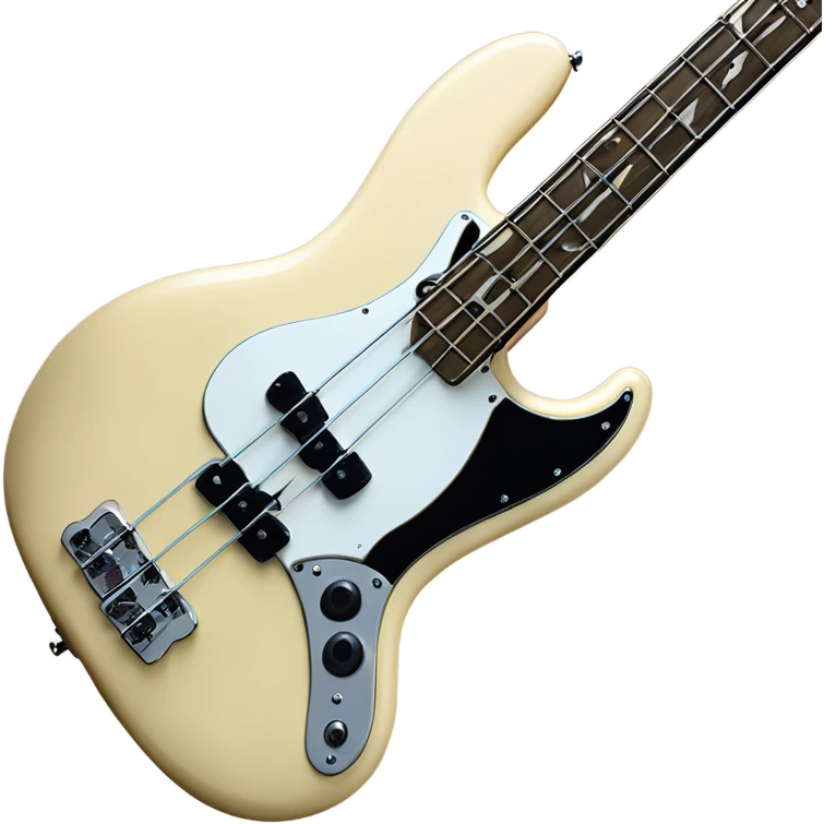 Cream colored fender fretless jazz bass with white pearloid pick guard emoji