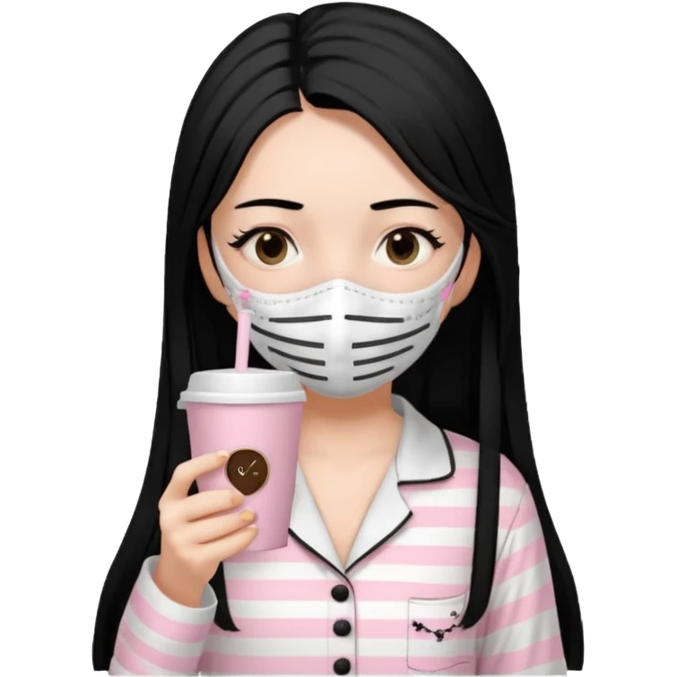 chica de pelo lacio color negro cabellera larga piyama blanca con rayas rosa claras peo no tan claras no oscuras el bordado es negro al igual que los botones )tiene una mascarilla para la carablanca y sostiene y cafe con bolitas nedras al dondo con unsorbete tranparente y es de test blanca  emoji