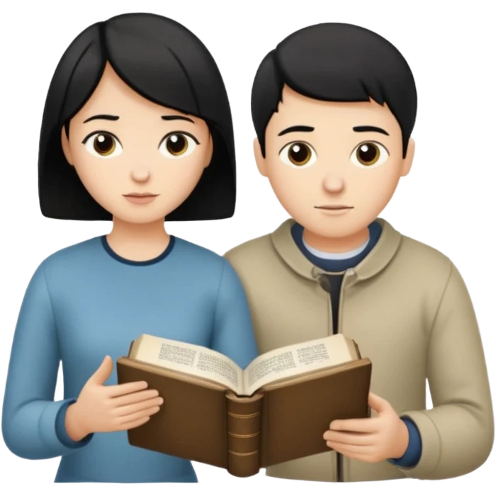 Crie uma figurinha pra stories de uma biblia aberta e um casal lendo (homem loiro e mulher branca cabelos pretos baixinha) emoji