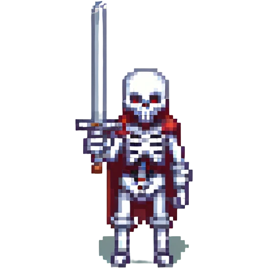 skeleton holding a sword, pixel art style emoji