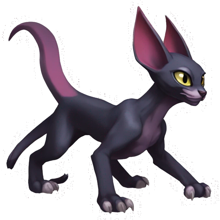 Black cool vampiric demonic Noivern-Litten-Sphynx-Lykoi-Caracal-Fakemon with big bat ears full-body emoji