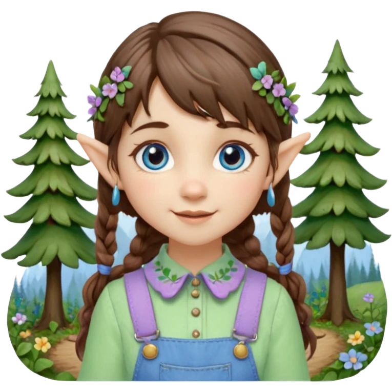 Kind happy whimsical quirky Girl toymaker, wood carving elf. Woodland nature creator. Blue eyes. brown hair (short — inch longer than chin length) wavy hair & bangs. Whimsical playful cute. Overalls with nature embroidered cute shirt collar. Light green, light purple and light blue colour aesthetic  emoji
