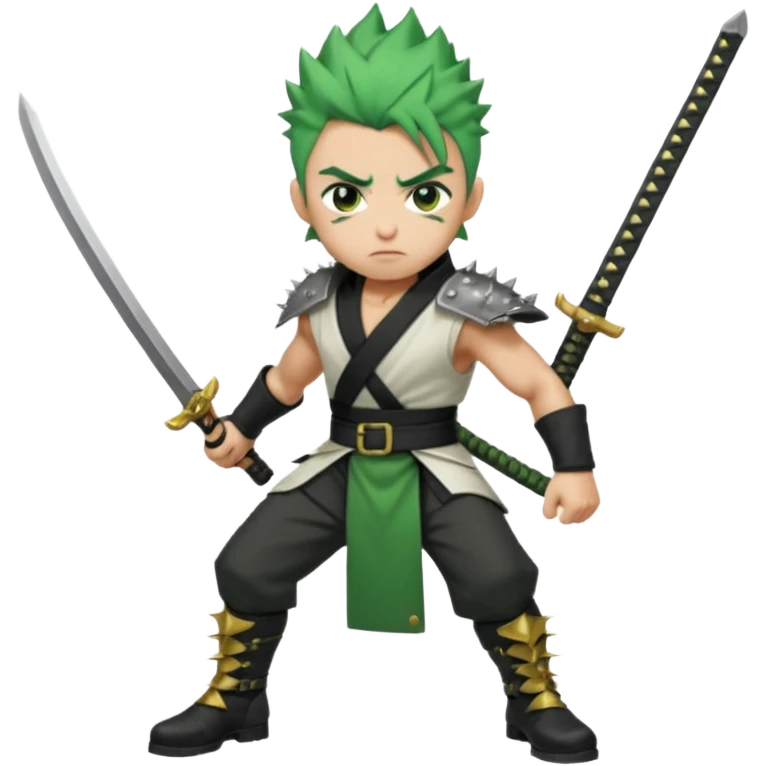 Muscular scarred warrior, short spiky moss-green hair, sharp steel-grey eyes, strong jaw, serious stare. Black trousers, boots, green sash with three katanas, open white coat, three gold earrings. Cinematic, ultra-realistic. emoji