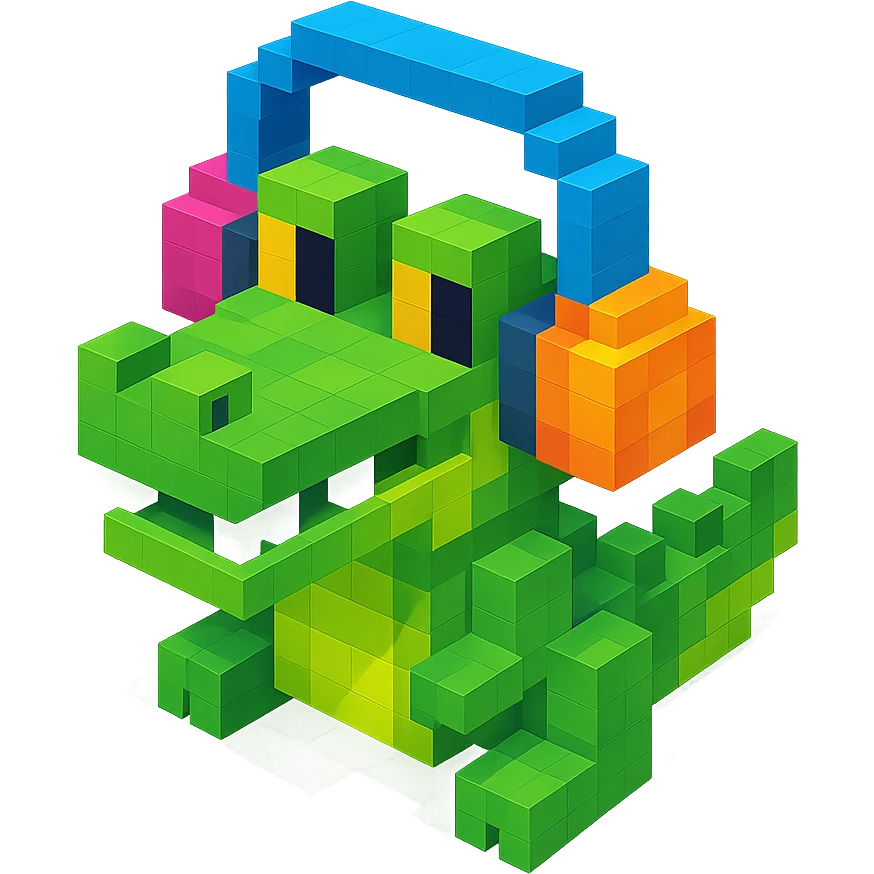 voxel style crocodile with colorful headphones, isometric view emoji