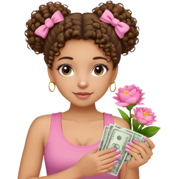 Uma menina com o cabelo cacheado com um Coque com baby hair, morena, e com uma regata rosa com unha em gel,e com dinheiro na mão ,e com flores na outra mão  emoji
