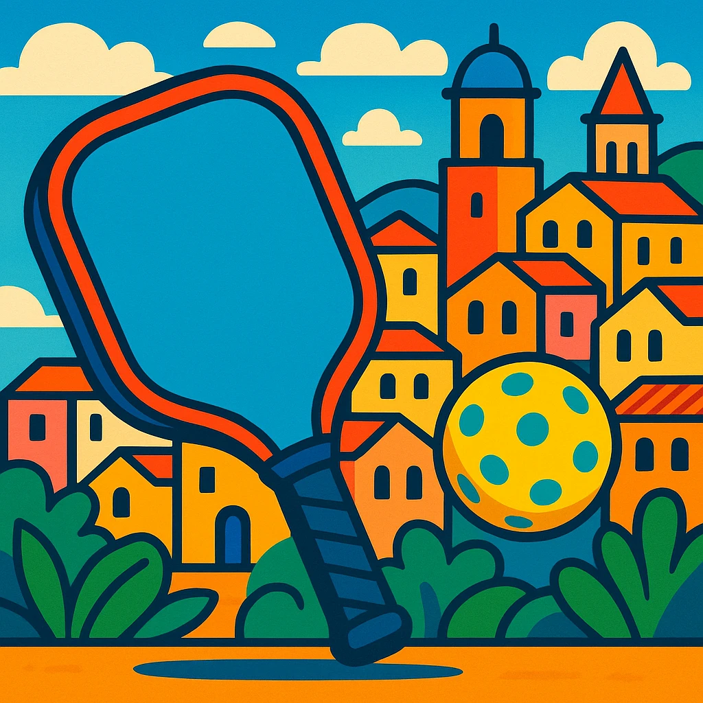 pickleball paddle and ball with Mediterranean cityscape background, vibrant toon style emoji