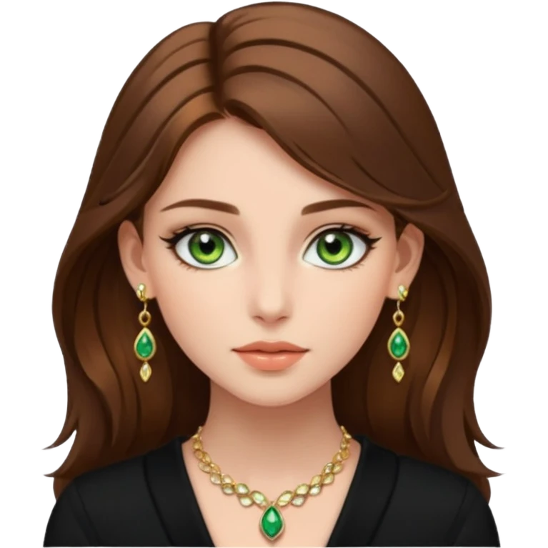 Μια κοπέλα καστανή με μαύρα ωραία ρουχα και σκουλαρίκια και κοσμήματα και βαμμένη ελαφρό και πράσινα μάτια τα κοσμήματα λίγα και χρυσα τα κοσμήματα να είναι λίγα και λεπτα και βαμμενοι emoji