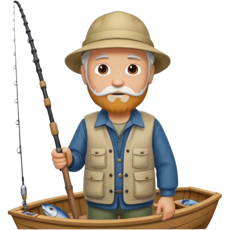 an old white haired, bearded man in fisherman attire, stood in a boat at sea, holding a fishing rod and catching fish with it. emoji