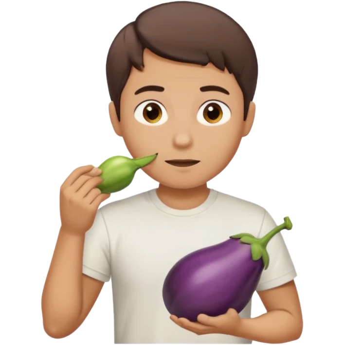 Guy with brown middle parted short hair in white t shirt eat an eggplant  emoji