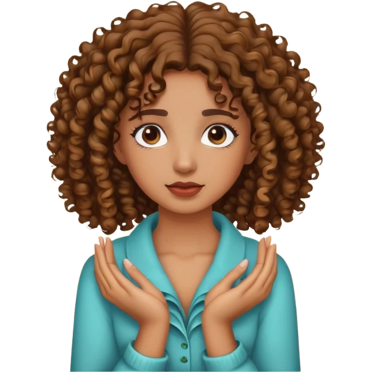 A brown girl with curly hair holding her neck with both hands. emoji