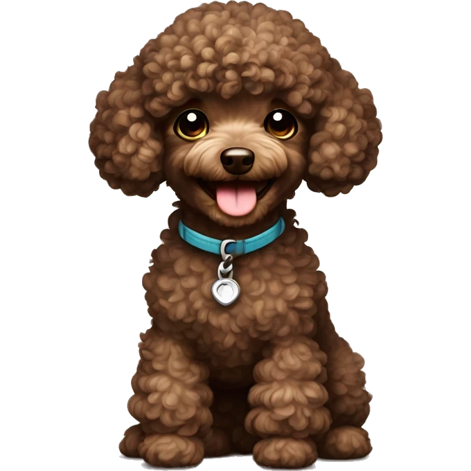 Toy poodle, smiling, curly hair in face, dark brown emoji