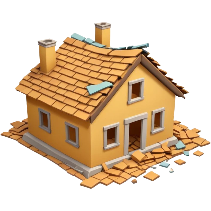 3D iPhone style emoji of a collapsed house, broken walls and roof pieces scattered, debris and ruins visible, isolated on white background, soft shadows, high detail, playful and cute. emoji