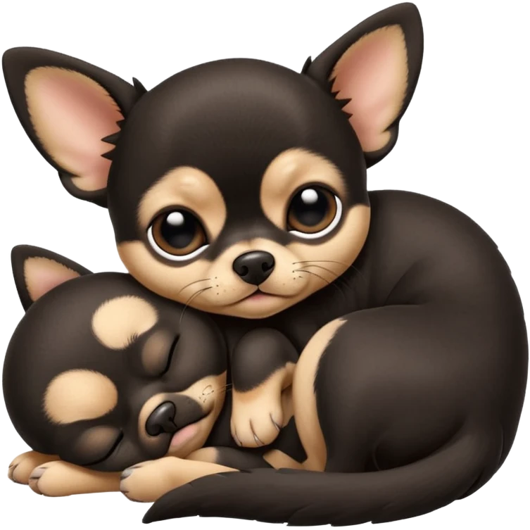 A high-resolution photo-realistic digital illustration of a cute black and tan chihuahua with big eyes shut sleeping lazily on the ground emoji