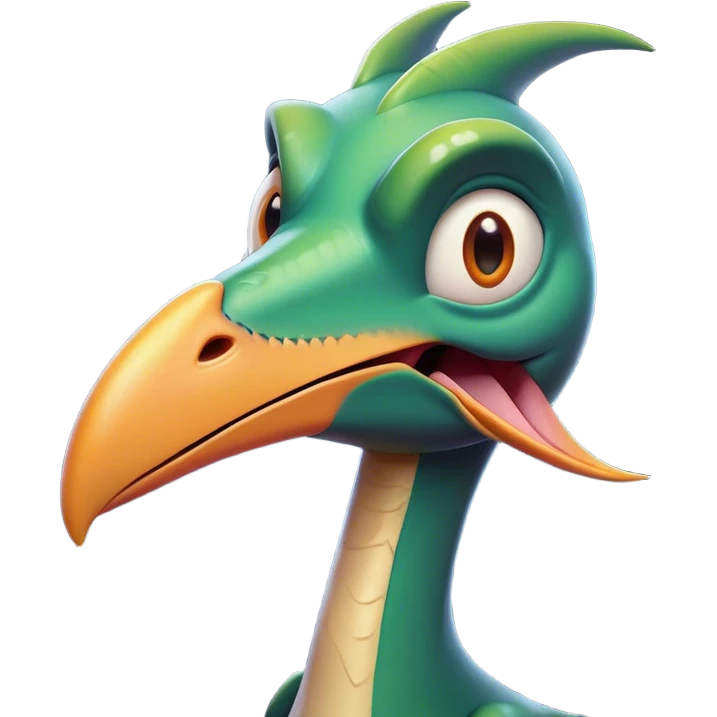 Cinematic Comical Pterodactyl Portrait Emoji, Head tilted dramatically with an exaggeratedly shocked expression, featuring a sleek, streamlined body with a quirky, animated beak and wide, comically expressive eyes full of playful disbelief, Simplified yet hilariously expressive features, highly detailed, glowing with a slightly sassy ethereal glow, high shine, dramatic yet playful, stylized with an air of cheeky prehistoric mischief, soft glowing outline, capturing the essence of a meme-worthy Pterodactyl that looks ready to side-eye its way into viral fame! emoji