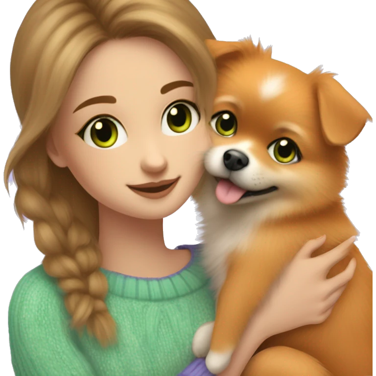 highlighted hair girl with blue green eyes, hugs her orange pomeranian puppy, wearing cute lilac sweater emoji