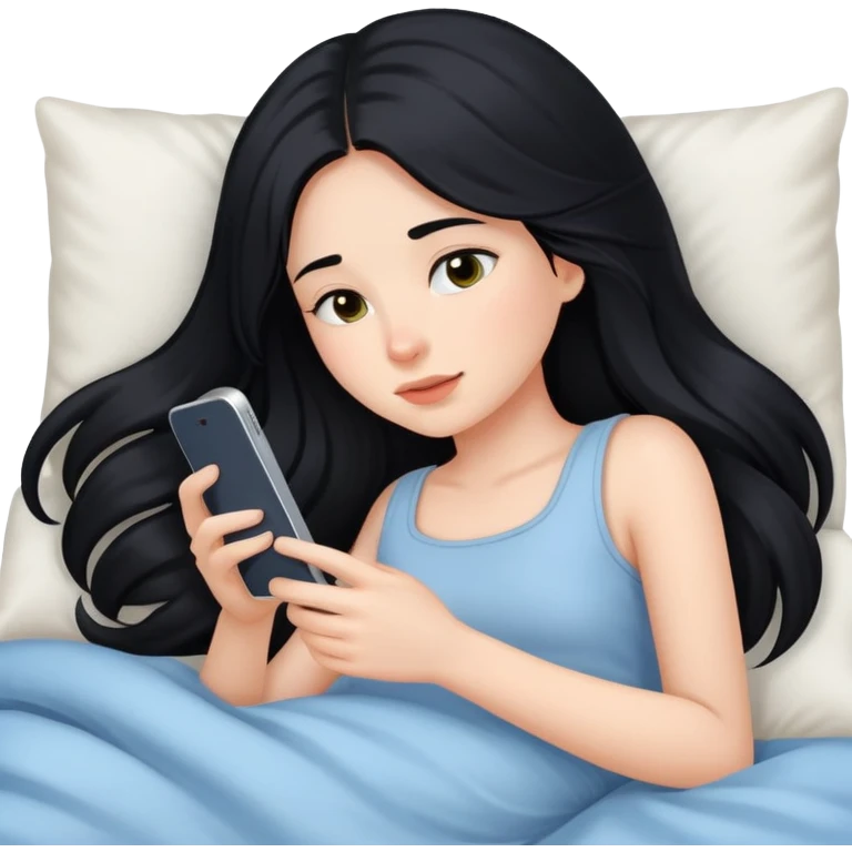Girl with long black hair laying In bed using phone  emoji