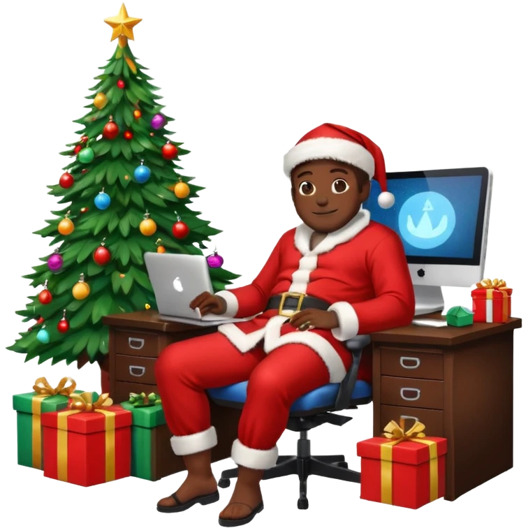 Informaticien homme noir full-body, week-end détente, assis à son bureau moderne avec ordinateur affichant du code.. À côté de lui, le Père Noël souriant, sapin illuminé et cadeaux autour. emoji