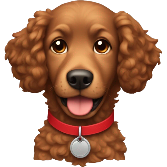 Dog with curly brown fur and a red collar, boy  emoji