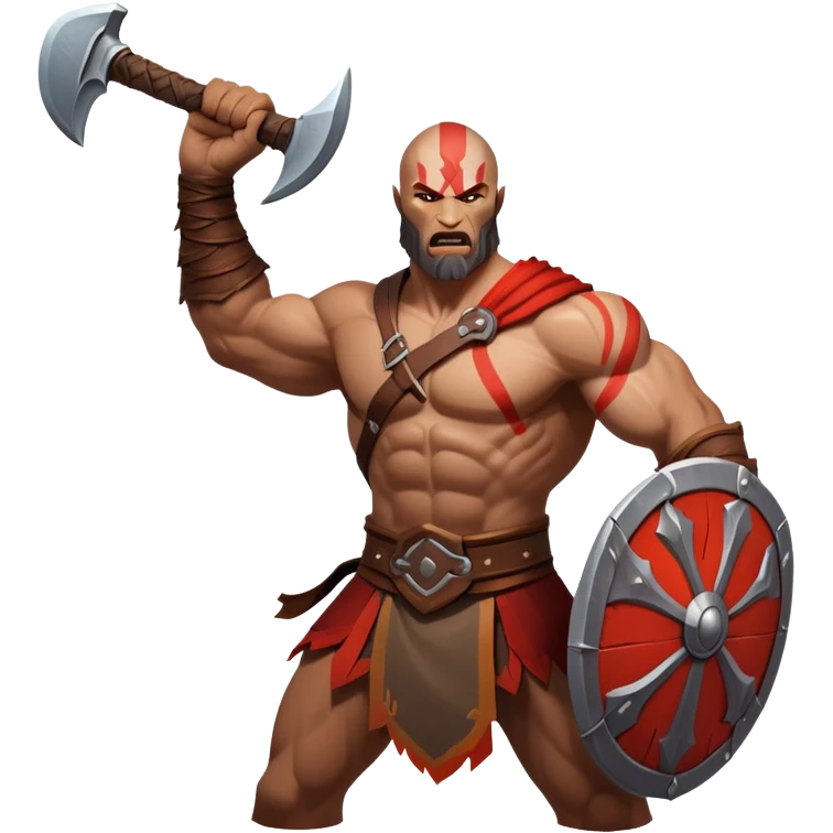 An icon showing a powerful warrior wielding a weapon, ready for battle, inspired by God of War: Ragnarok. The design captures the strength and determination of the character, with dynamic motion lines and a fiery, epic background. Transparent background highlights the action emoji