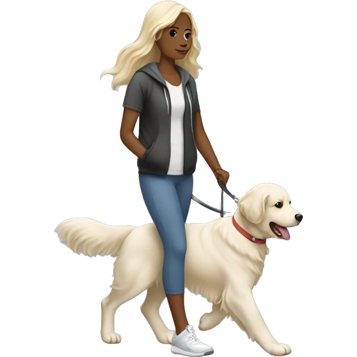 Woman wearing athleisure walking white golden retriever emoji