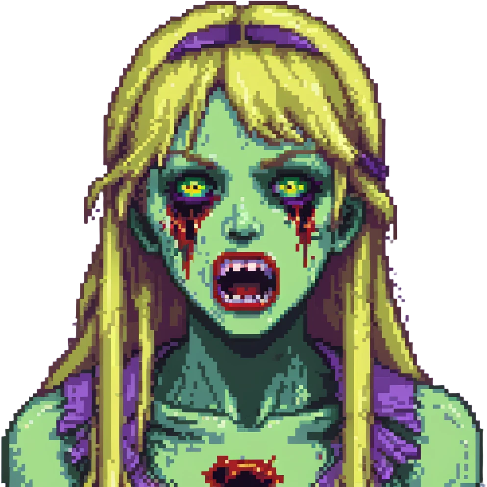 Zombie girl with green skin, bruised face, open mouth, long blonde hair with bangs emoji