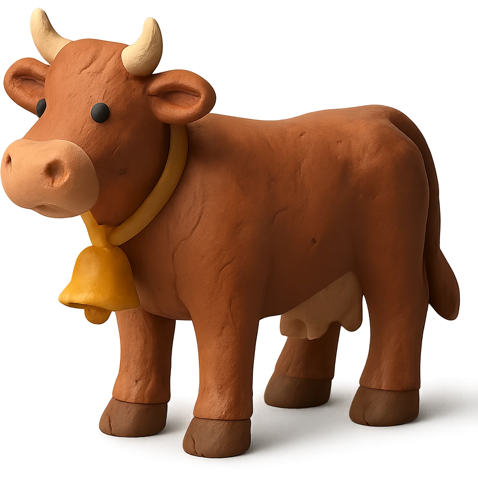 claymation style cattle with a bell around its neck, matte finish, no background emoji