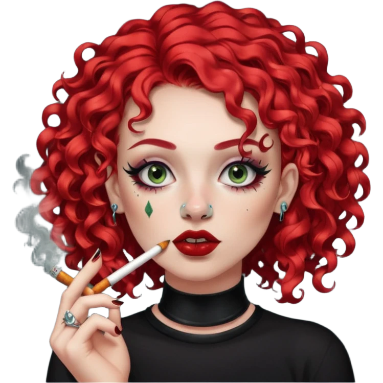 bright red curly hair alt girl with dark makeup and gauged septum, eyebrow and nose piercings smoking weed emoji