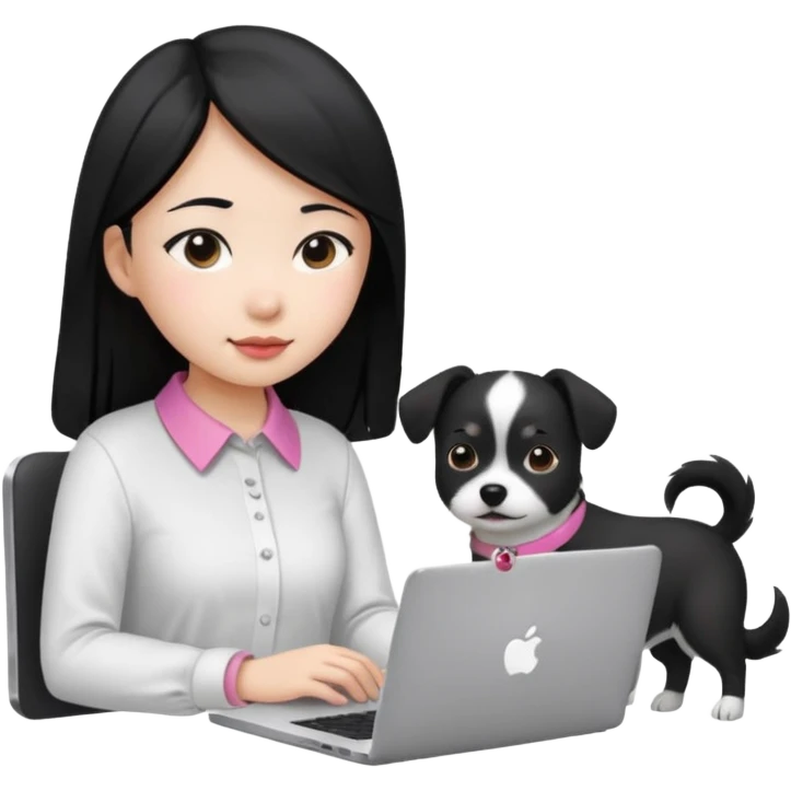 Blue back ground, Asian girl with long black hair , wearing a white shirt, working on an Apple laptop, next to her is a small black and white dog with pink collar on  emoji