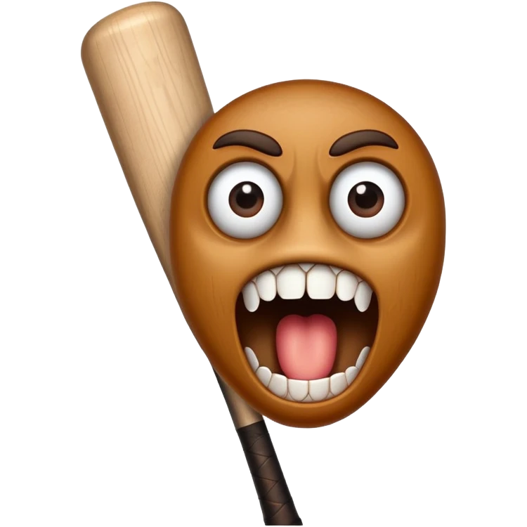 Brown baseball bat with cartoon eyes, a nose, and an open mouth showing teeth emoji