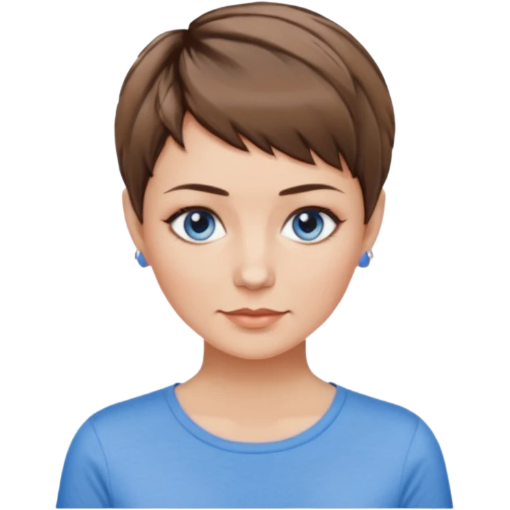 Frau, braun balayage, kurzhaarfrisur Pixie schnitt, blaue Augen, mittleres alter emoji
