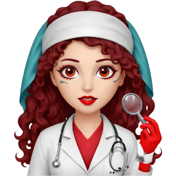 Lilith scalpel in hand, evil surgeon outfit.  She has red eyes. She has dark brown curly hair. Hair is long . Wears sexy doctor outfit with red gloves. Covers nose, neck and mouth with Muslims  emoji