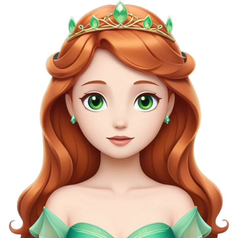 Cinematic Timeless Sleeping Beauty Portrait Emoji, rendered in a clean, vector style. Depict Aurora with delicate porcelain skin, elegantly arranged auburn hair, and a serene, graceful expression, dressed in her iconic gown. The design features bold, simplified shapes, a soft, enchanting glow, and a subtle glowing outline, capturing her timeless, fairy-tale beauty. emoji