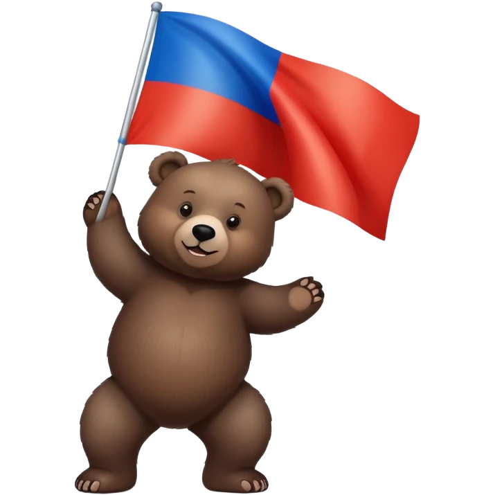 Medium-dark brown bear on four legs with Russian tricolor flag (white, blue, red horizontal stripes) on its back, realistic features emoji