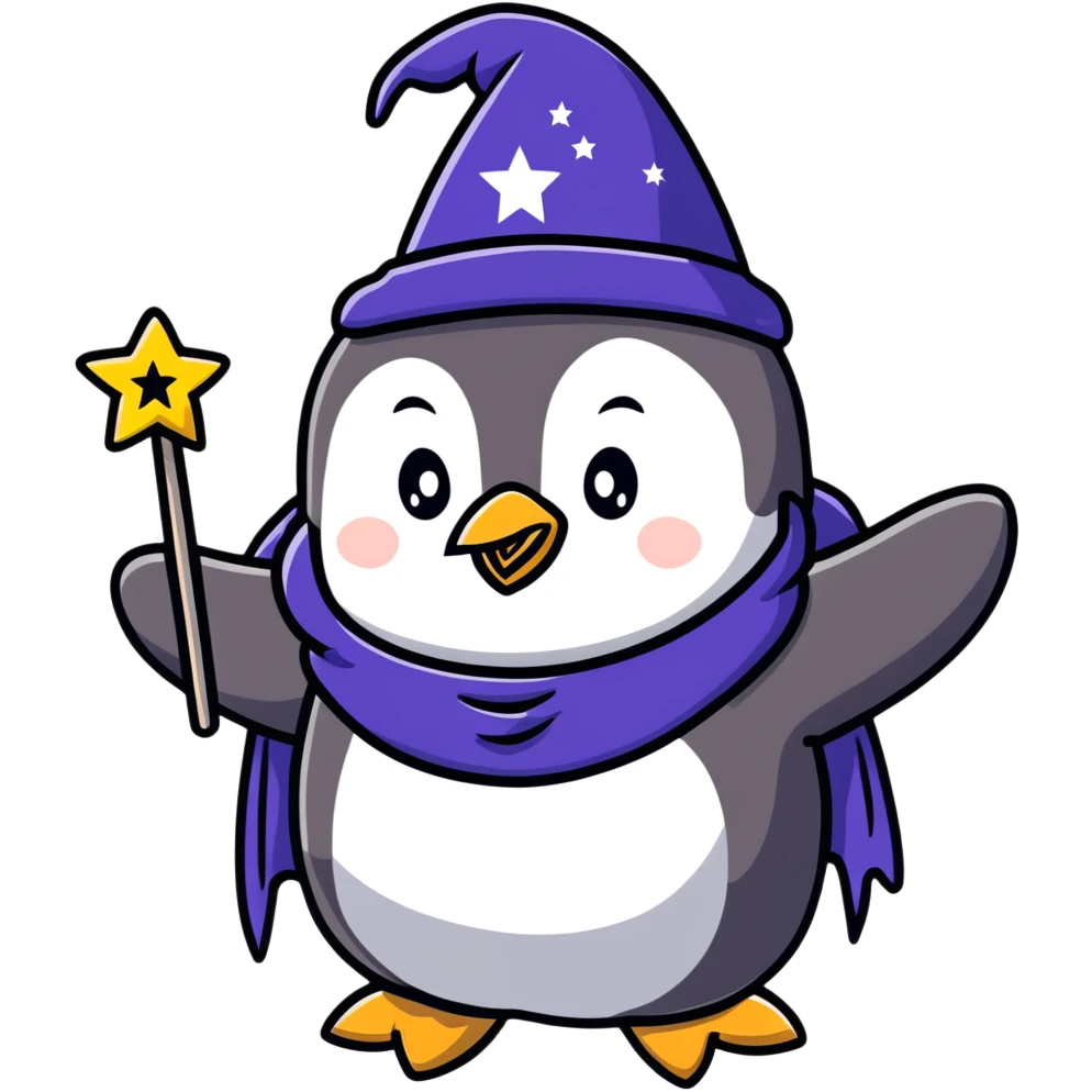 Cute penguin in a wizard costume with stars and magic emoji