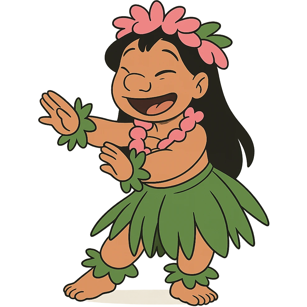 Lilo from Lilo & Stitch, dancing hula, wearing a grass skirt and flower lei, cartoon style, bright colors emoji