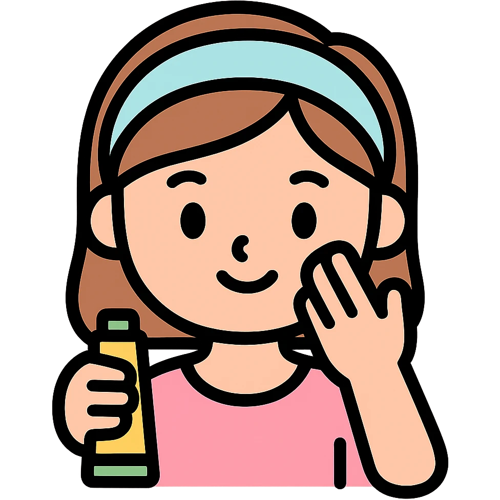 preppy girl applying skincare, pastel colors, headband, cheerful expression emoji