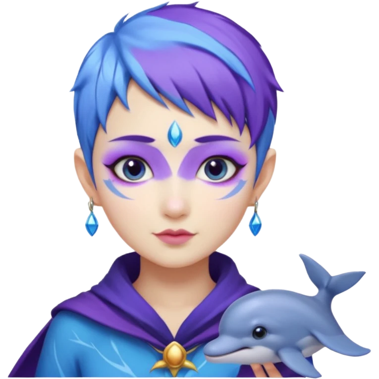 Frost wizard woman short pixie blue violet hair and cheek painted with a dolphin below eye with Asian eyes emoji