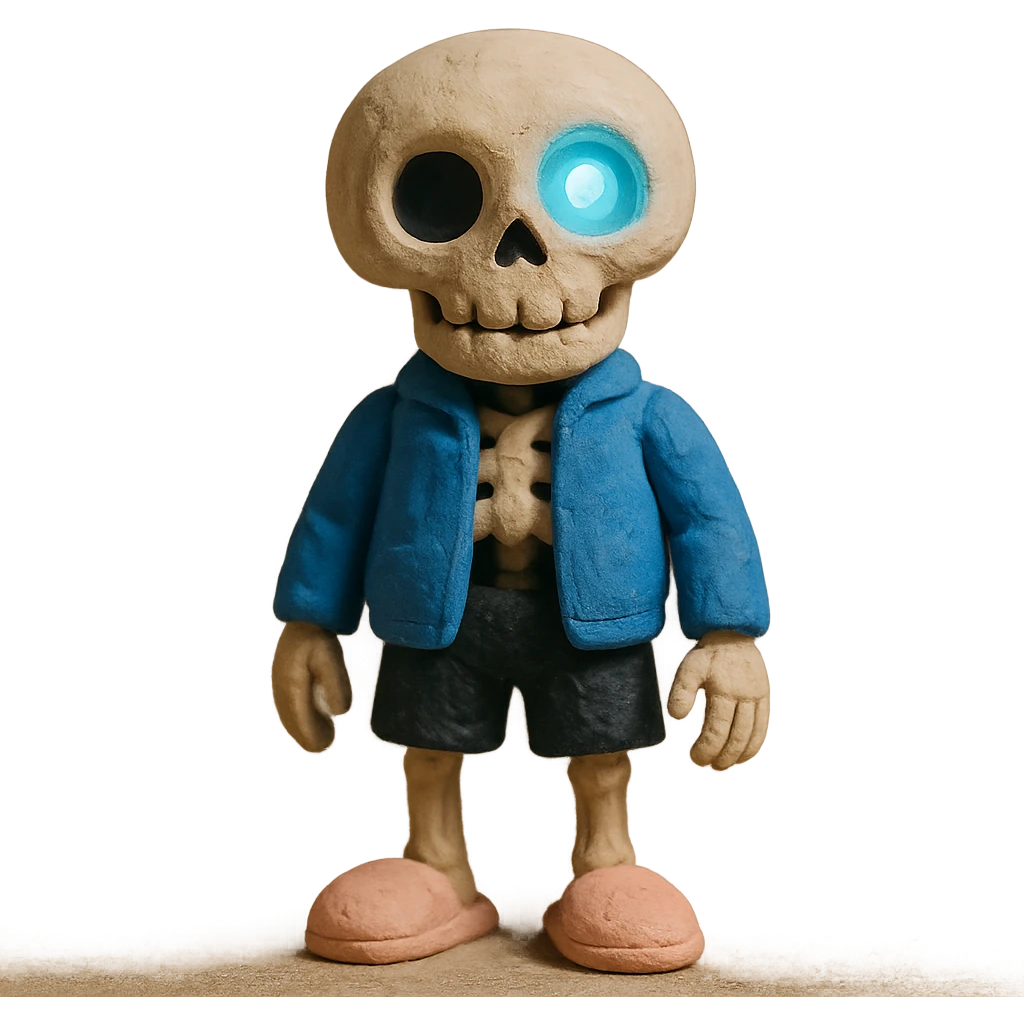 short skeleton with blue jacket, black basketball shorts, light pink slippers, blue glowing left eye emoji