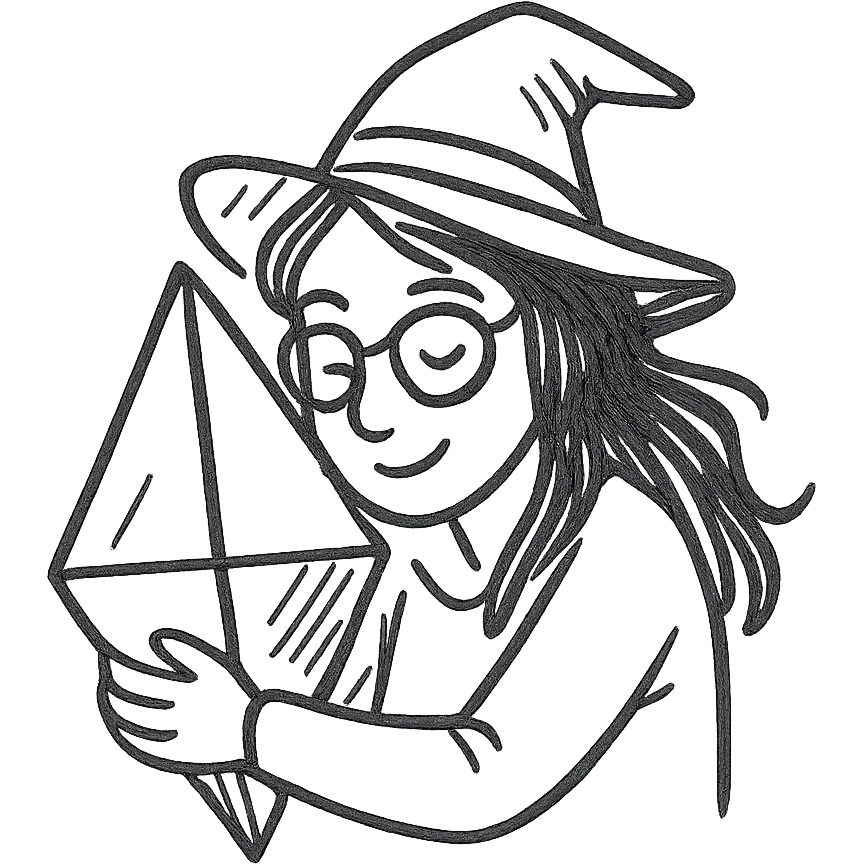 witch with brown hair and glasses hugging a Plumbob, hand-drawn outlined icon style, sketchy lines emoji