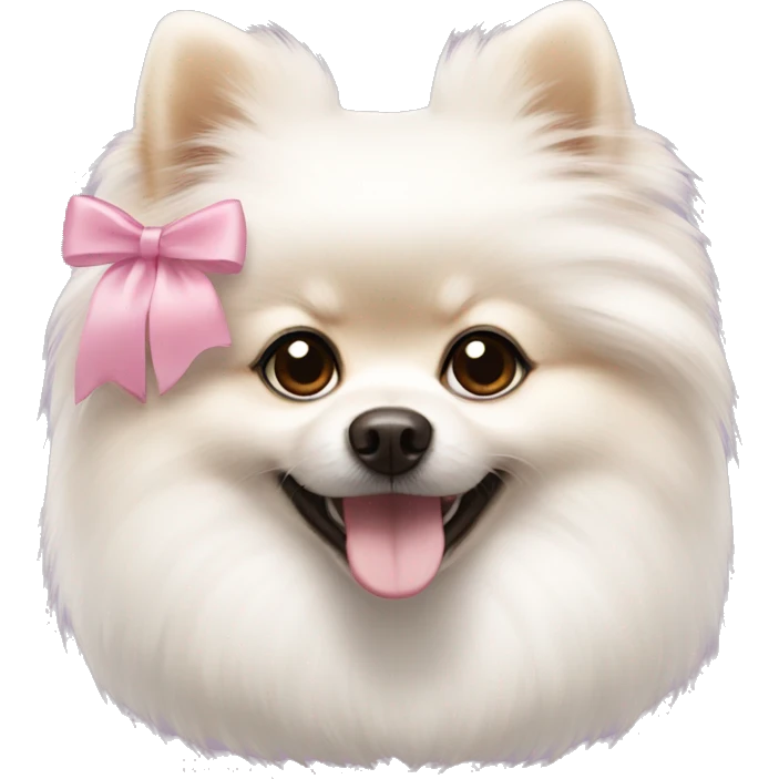 white Pomeranian with brown ears and a Pink bow around the neck emoji