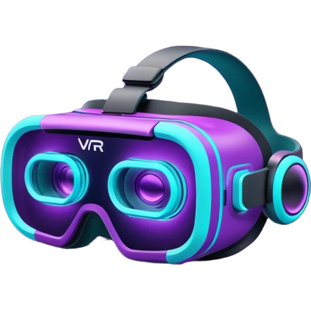 Futuristic glowing neon VR headset emoji, purple and cyan light, dark background, digital tech style emoji