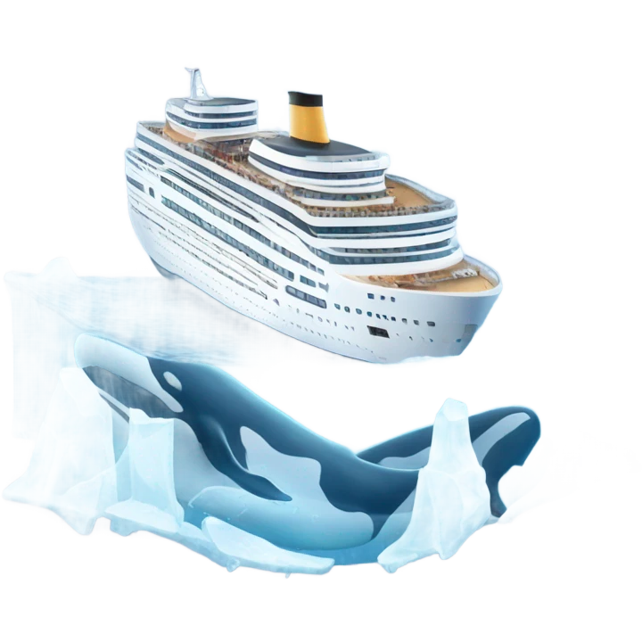 Cruise ship sailing through icy waters with ice bergs and whales emoji