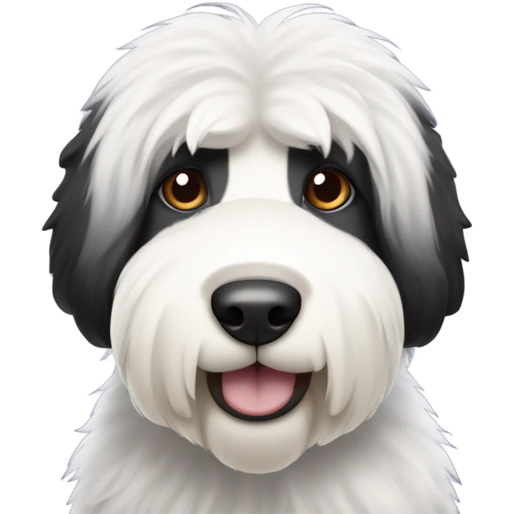 Old English sheepdog with a face that’s half black and half white. More black on left side than previous generation. Longer ears only one eye is black emoji