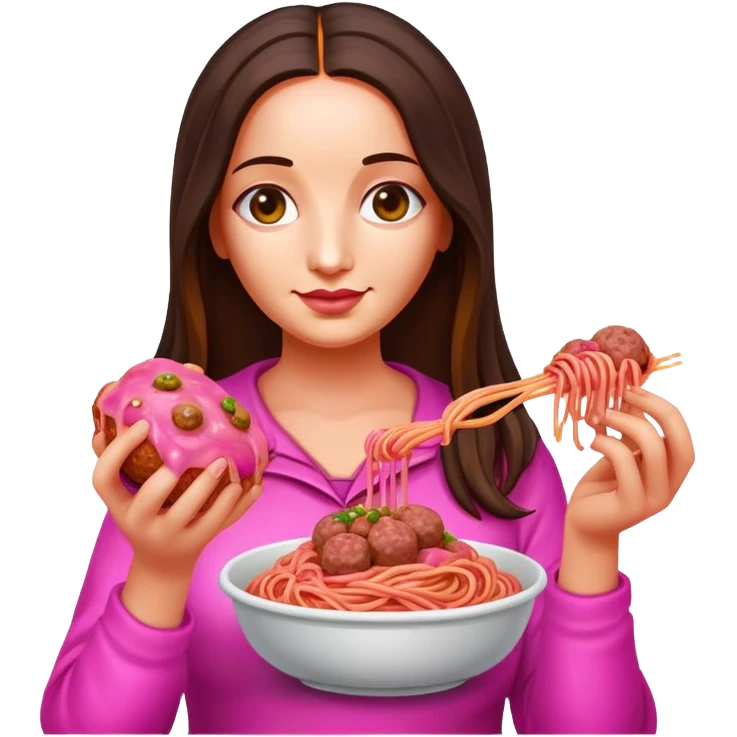 pop art neon Monalisa holding Melted pink gooey spam meat ball spaghetti  emoji