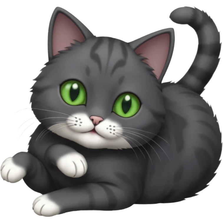 solid dark grey cat with green eyes, completely solid grey face, white toes/paws playfully rolling upside down emoji