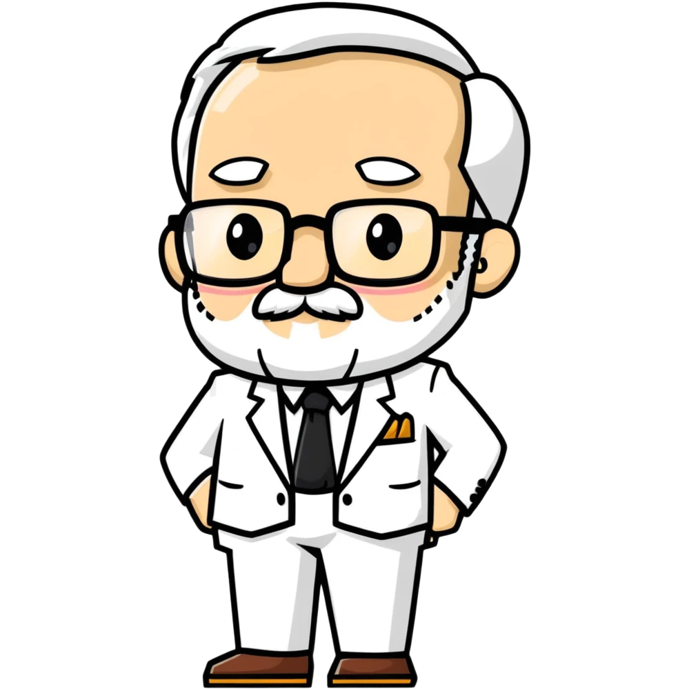Colonel Sanders, old white man with square glasses, white goatee beard, white suit, KFC founder emoji