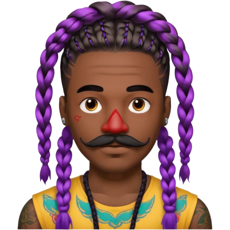 big lose braids starting from the top of the head man with mustache face wiith big visible braids and lots and lots of colored face tattoos colored tattoos like a tattoo artist hair unique color emoji