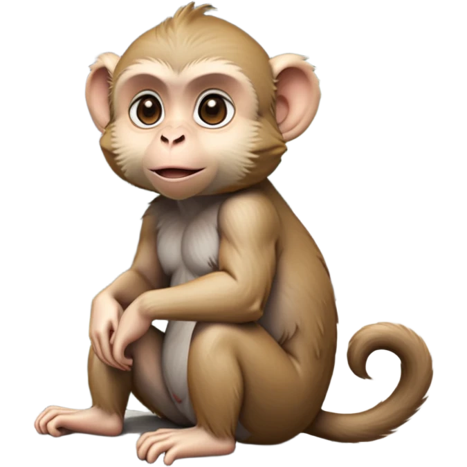 cinematic-cute macaque-realistic-full-body-sitting-emoji,-compact-muscular-frame-poised-on-a-rocky-outcrop,-short-curled-tail-resting-behind,-head-tilted-dramatically,-thick-dense-fur-in-warm-shades-of-brown-and-grey,-expressive-eyes-filled-with emoji